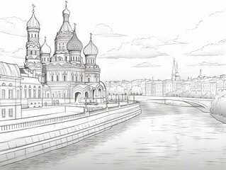 Coloring book illustration: iconic Russian landmarks and cultural symbols - black and white outline
