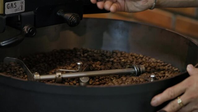 Fresh Roasted Natural Coffee Beans Cascading out of Industrial Coffee Bean Roaster Machine