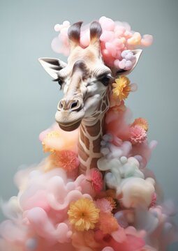 Enchanting image of a giraffe neck rising from a sea of colorful, dreamy flowers