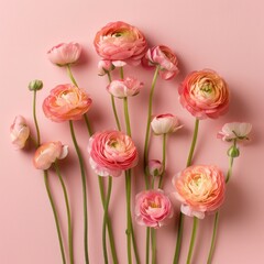 This image highlights a colorful assortment of ranunculus flowers, showcasing their full blooms and long stems on a pink surface