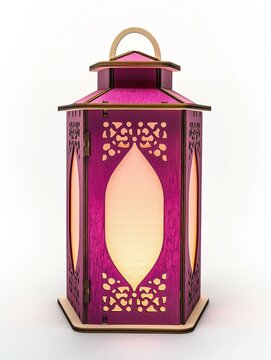 magenta modern wood lantern shiny with light and elegant ornament isolated on white background 