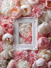 A vintage frame is swathed in an abundance of pink and white peonies, showcasing the beauty and richness of nature's palette