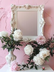 An elegant white frame with lush peonies positioned against a pastel pink wall translates coziness and romantic softness