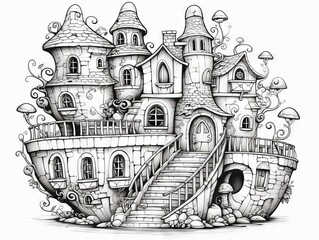 Children’s coloring book page featuring a cartoon princess and castle with detailed line art for creative play
