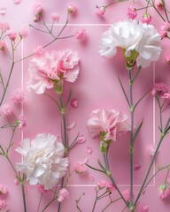 Intricate details of soft pink and pristine white carnations scattered on a pink backdrop, ideal for delicate and fresh compositions