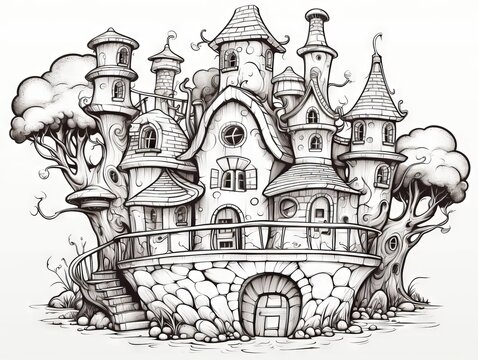 Enchanting fairytale cottage with multiple terraces and heart motifs, hand-drawn zen-tangle style sketch for relaxation and coloring, vector art