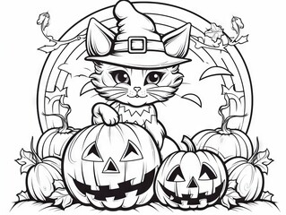 Charming Halloween-themed coloring activity featuring a playful cat and pumpkin for children’s creativity enhancement