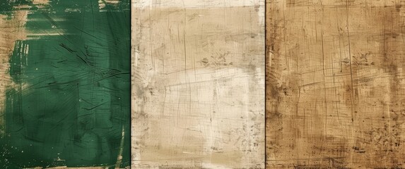 Minimalist abstract painting with three color blocks of dark green, beige and brown. Modern art background for wall decoration or interior design