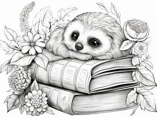 Naklejka premium Autumnal bliss: a serene sloth slumbers atop a literary treasure, encircled by a vase adorned with fall’s bounty and a scattering of acorns and maple leaves - a vector outline for coloring enthusiasts