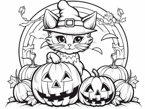 Charming Halloween-themed coloring activity featuring a playful cat and pumpkin for children’s creativity enhancement
