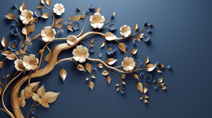 Elegant gold and royal blue floral tree with leaves and flowers hanging branches illustration background. 3D abstraction wallpaper for interior