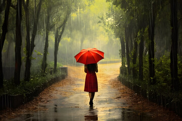 哀愁漂う赤い傘をさす女性