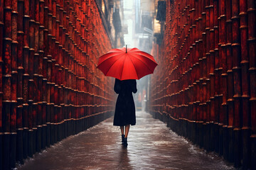 哀愁漂う赤い傘をさす女性