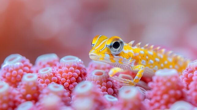  close-up of a tiny yellow and white gecko, resting atop pink and white sea urchins