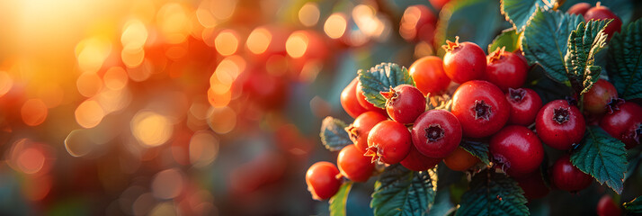  High angle close-up of berry fruits growing ,
Twig with red ripe fruits pyracantha coccinea. - obrazy, fototapety, plakaty