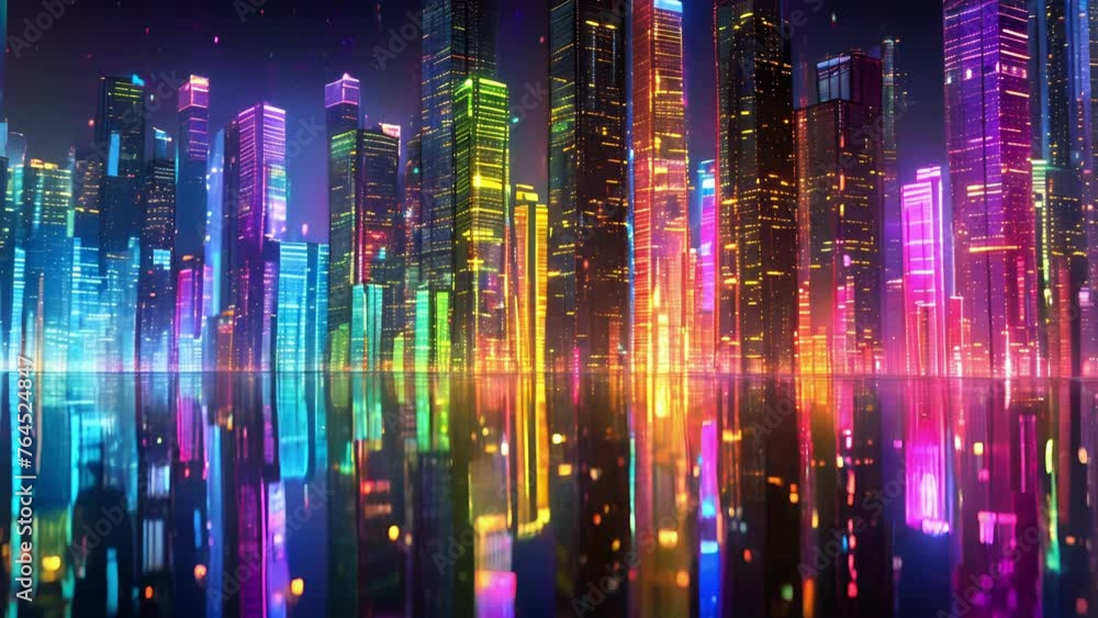 Poster an evening view of a futuristic city where the buildings are lit up by colorful lights that change a