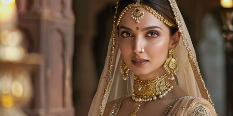 Obraz premium Indian film star donning traditional attire and adorned with gold accessories.