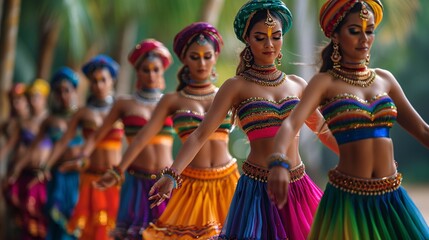 Colorful attired dancers in a line with their hands linked.