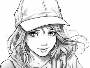 Fototapeta premium Charming girl with cap - black and white coloring book vector illustration for creative leisure activities
