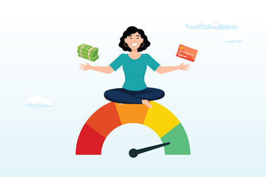 Woman hold banknote and credit card sit above credit gauge at good rating, credit score for credit card spending with sufficient cash to pay debt create excellent personal financial plan (Vector)