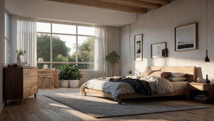 A bedroom with a large bed, dresser, and plants by the windows.
