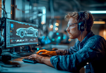 A young male mechanical engineer with headphones and glasses is working on automotive design software. He is sitting at his desk in front of the computer screen, showing car blueprints.