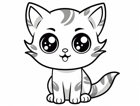 recommend clip art: Kawaii cat coloring page - charming and simple line art for creative fun, black and white vector illustration
