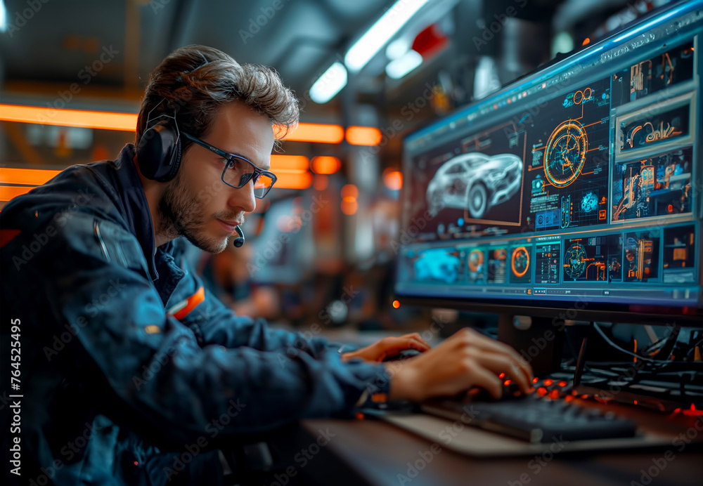 Poster a male engineer is working with vehicle models and design ideas in a high-tech style in data analysi