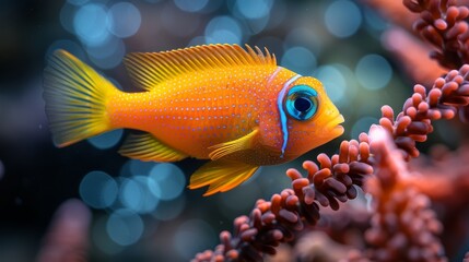 A macro photograph of a vibrant orange-red clownfish perched atop a coral reef, surrounded by a multitude of colorful polyps in the foreground - obrazy, fototapety, plakaty