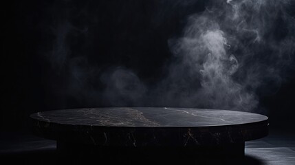 Empty black marble table podium with black stone floor in dark room with smoke - obrazy, fototapety, plakaty