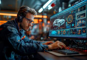 A male engineer is working with vehicle models and design ideas in a high-tech style in data analysis within an innovative workshop environment in the style of futuristic vehicles and car parts.