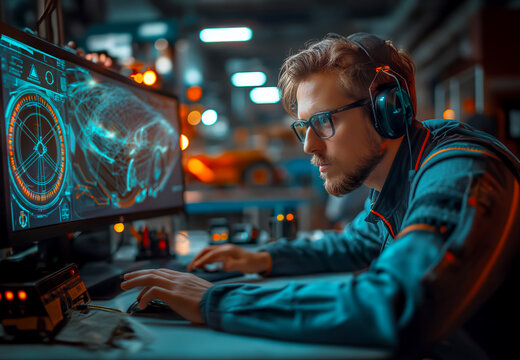 A male programmer in blue glasses is working with a computer, surrounded by monitors displaying code and data visualizations with glowing lights and mechanical parts. 