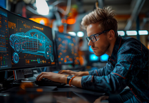 A young male designer with glasses, working on a computer and surrounded by monitors displaying car design and digital blueprints, is the creative process of engineering futuristic vehicles. - Powered by Adobe
