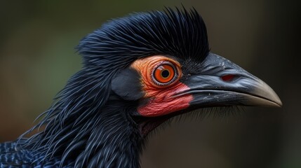 A zoomed-in photo of a bird with a black head, orange beak, and black neck