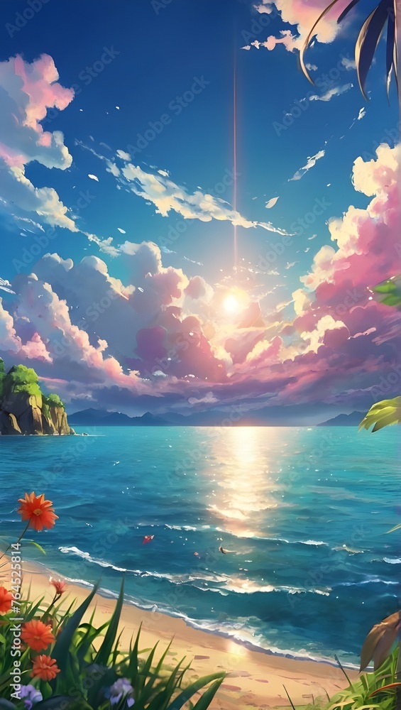 Wall mural anime fantasy wallpaper background concept : tropical sunset paints the sky in fiery hues as the sun