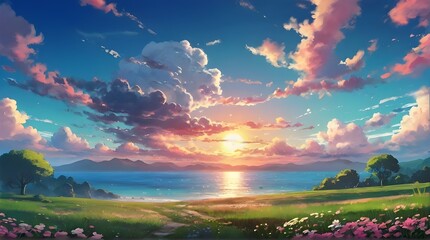 Anime fantasy wallpaper background concept : Dramatic orange and blue colors fill the sky as the sun dips below the mountains, casting a warm summer light on the field below, generative ai - obrazy, fototapety, plakaty