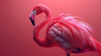  A pink flamingo, long-necked and legged, stands against a pink backdrop