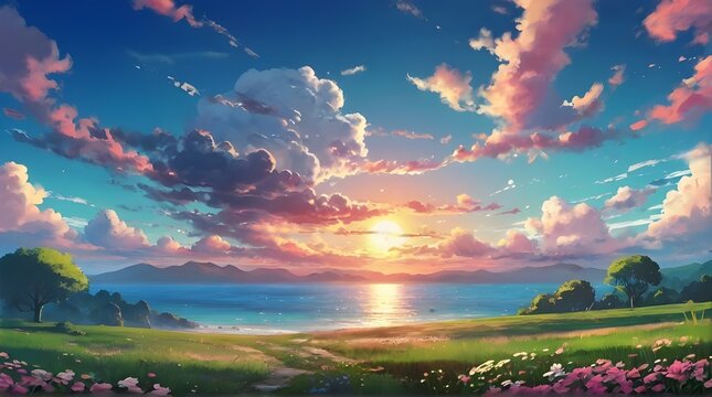 Anime fantasy wallpaper background concept : Dramatic orange and blue colors fill the sky as the sun dips below the mountains, casting a warm summer light on the field below, generative ai