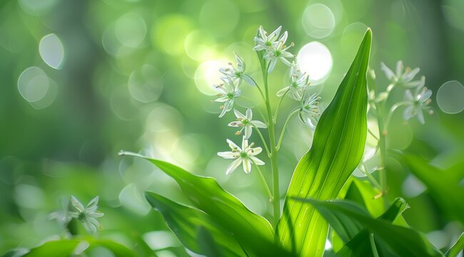 close up of white wild garlic flowers and green leaves in the forest