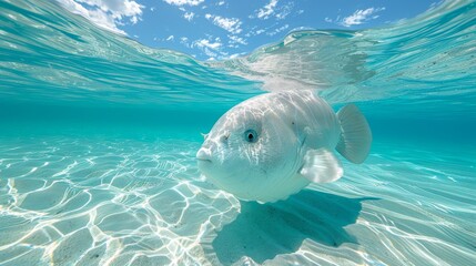  A photo shows a close-up of a fish in water, with a clear blue sky and white clouds above