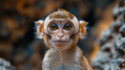   a monkey's face with a focused background and a sharp tree in the foreground