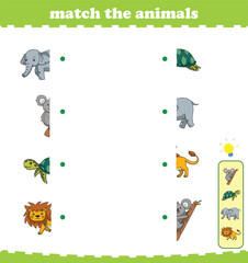 Matching game for preschool children with wild animals. Vector Illustration