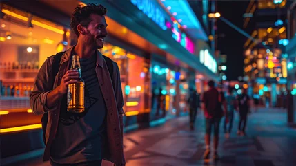Foto op Canvas A young man walks merrily with a bottle of beer through the night city © Olga