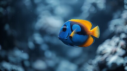 Naklejka premium Blue, yellow fish against black background with blurred sky..Explanation: The input text contains unnecessary words such as a and of To optimize the text, we