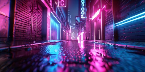 A stunning 3D depiction of a futuristic metropolis with cyberpunk elements, featuring a deserted street lit by vibrant neon lights against a gritty urban backdrop.