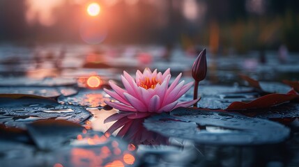 A rosy lotus illuminated by sunlight. - obrazy, fototapety, plakaty