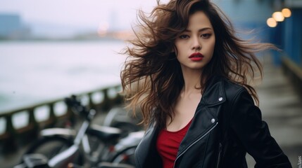 Fototapeta na wymiar a beautiful Japanese young women with bold red lip, tousled waves, leather jacket sliding off shoulder