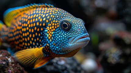 Obraz premium Blue and yellow fish, close-up, orange spots on face, black background