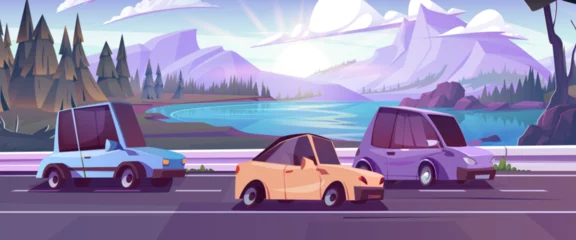 Foto auf Leinwand Cars on highway in mountain valley. Vector cartoon illustration of auto traffic on lakeside road, summer scenery reflecting in water, sun shining bright in blue sky, fir tree forest, vacation travel © klyaksun