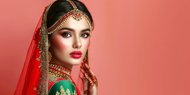Captivating image of a stunning Indian lady adorned with mehndi and kundan accessories, dressed in a traditional lehenga choli outfit.